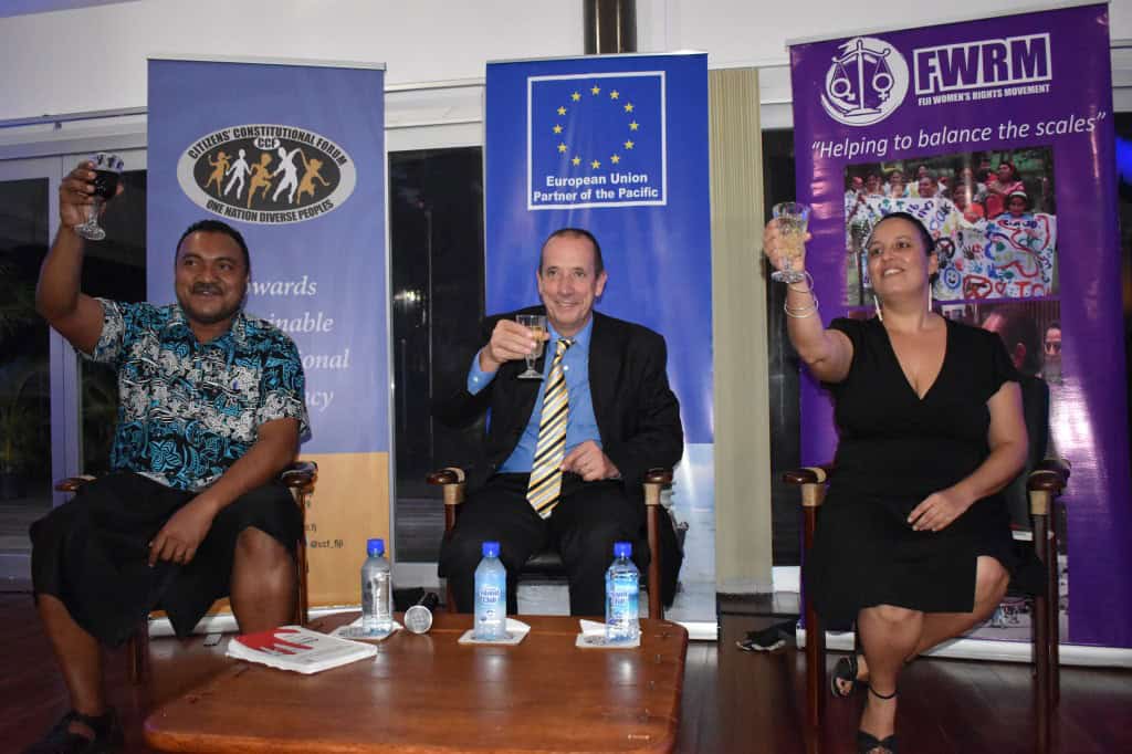 (L-R): CCF Chief Executive Officer Bulutani Mataitawakilai, The EU Ambassador to Fiji and the Pacific, H.E Andrew Jacobs and Fiji Women’s Rights Movement Executive Director Tara Chetty. 