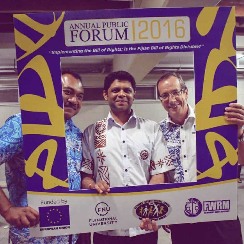 From Left: CCF CEO Bulutani Mataitawakilai, Attorney General Aiyaz Sayed-Khaiyum and European Union Ambassador Andrew Jacobs after the Annual Public Forum (02/12/16) 